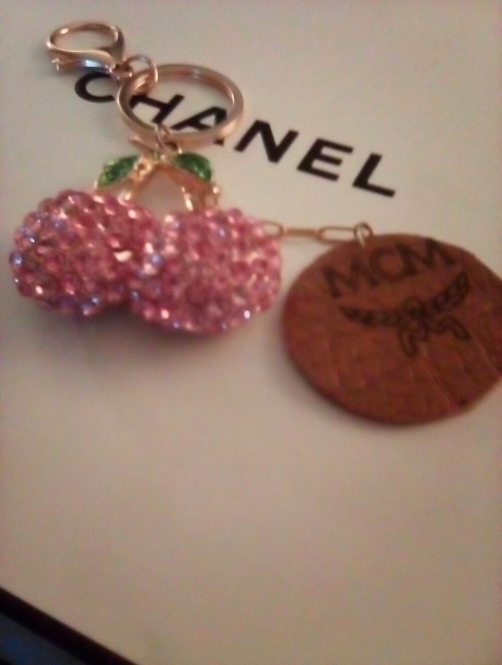 MCM Brown Leather Logo Disk With Pink Crystal Cherry Keychain Designer Bag Charm - Picture 4 of 11